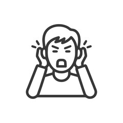 Fototapeta premium Frustrated Man Covering Ears Icon, Noise Sensitivity, Line Art