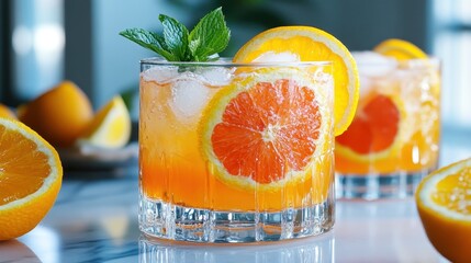 Two refreshing drinks featuring vibrant orange slices and mint leaves, served over ice, perfect for summer gatherings and moments of relaxation.