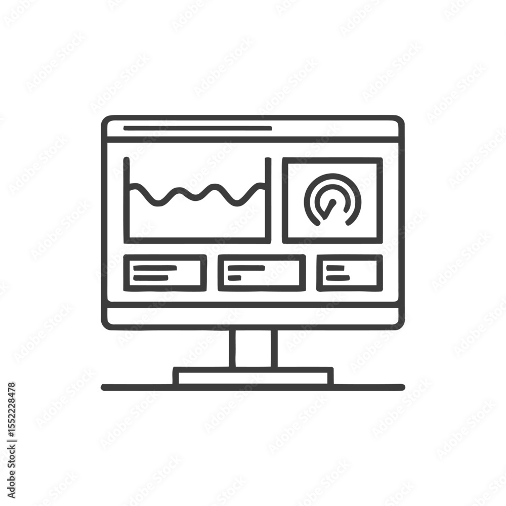 Poster minimalist line art: computer displaying data analytics dashboard interface
