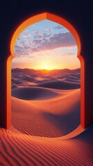 Background View of Desert Dunes Framed by Arch at Sunset — Natural Landscape Texture with Warm Light and Atmospheric Sky