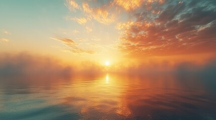 Background of Calm Sunset Over Water with Symmetrical Sky Reflection — Natural Landscape Texture with Warm Light and Soft Mist