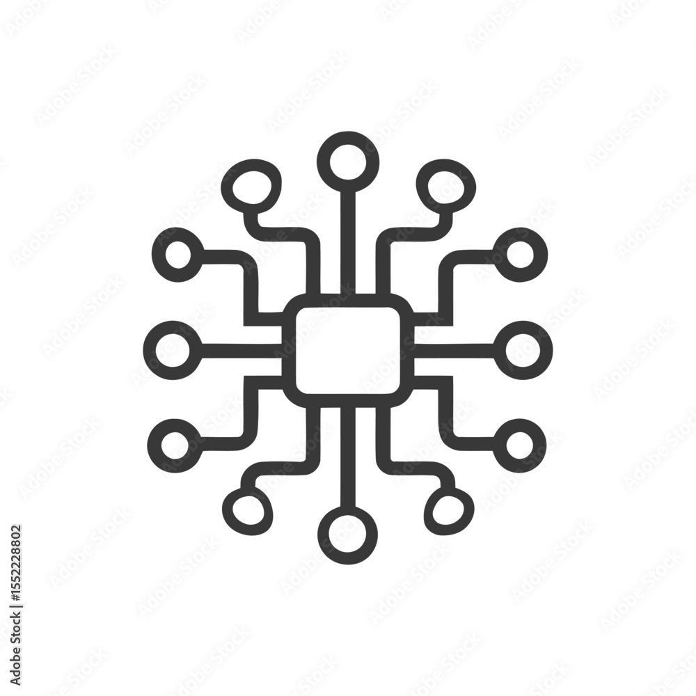 Poster minimalist circuit board icon: central square with connected nodes on white