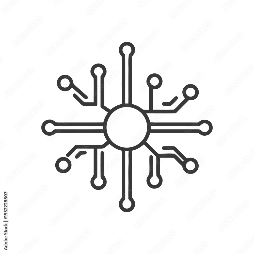 Poster minimalist circuit board icon with central node and peripheral connections