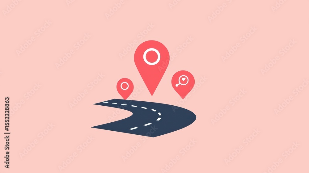 Poster road navigation concept with location pins and curving path on a pink background for travel and dire
