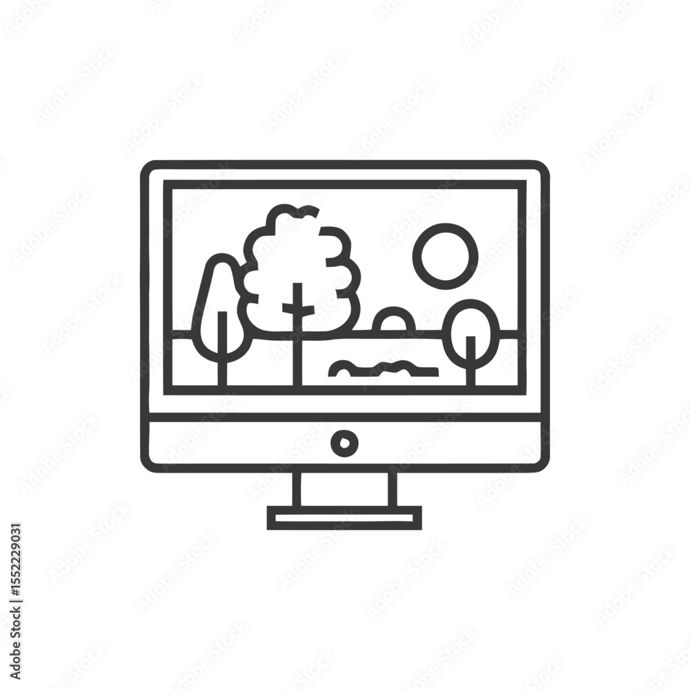 Poster minimalist computer displaying a stylized landscape scene outline