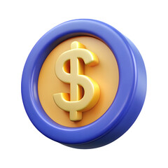 Shiny golden dollar sign symbol on a golden coin with a blue rim isolated on transparent background