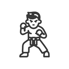 Karate Stance Icon: Focused Martial Artist in Fighting Position, Outline Style