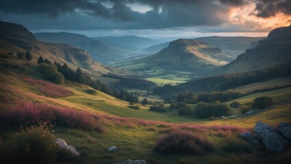 A Beautiful Landscape of rolling hills and lush green valleys during sunset. Scenic nature view with vibrant colors and dramatic clouds.
