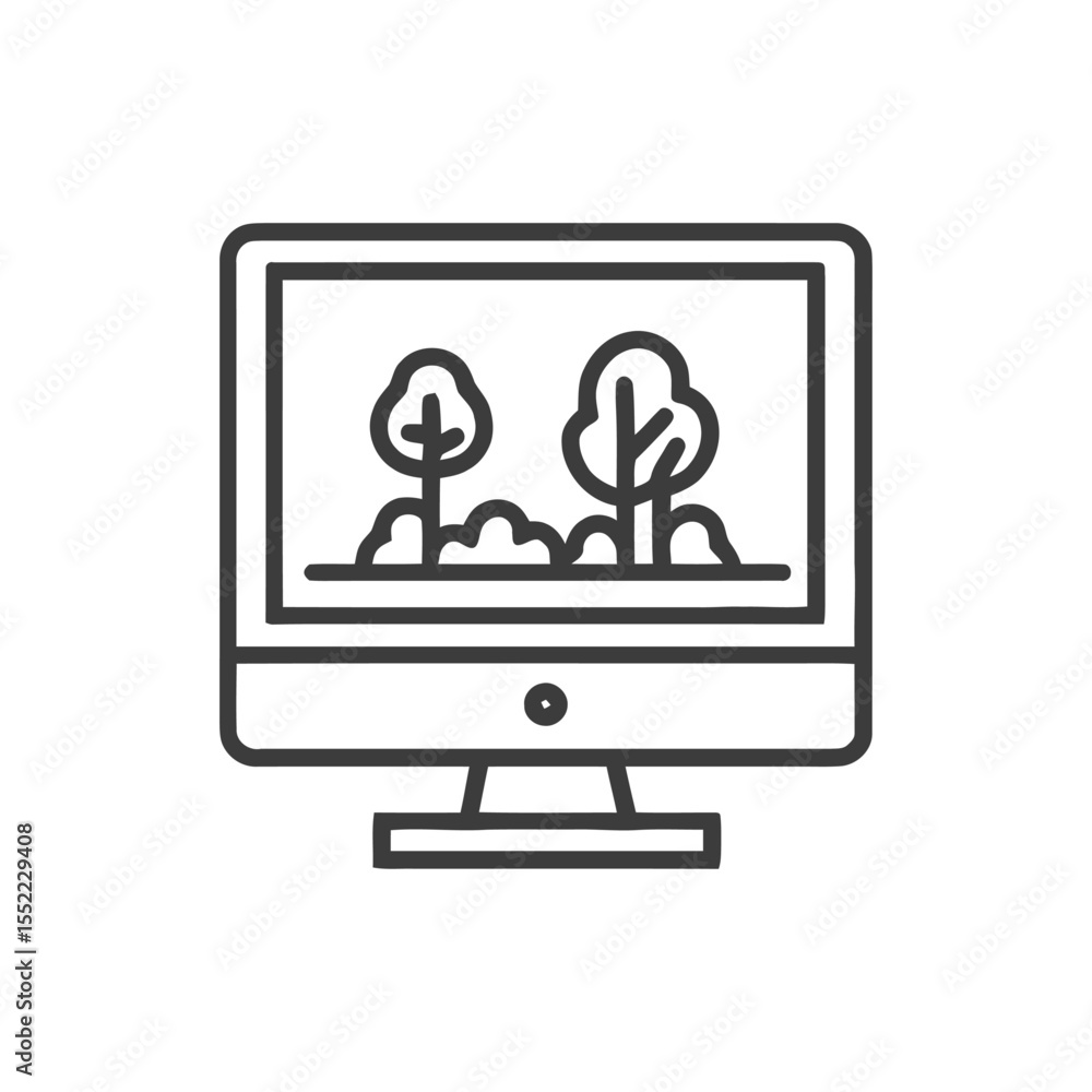 Poster minimalist computer icon displaying trees, nature, and technology integration