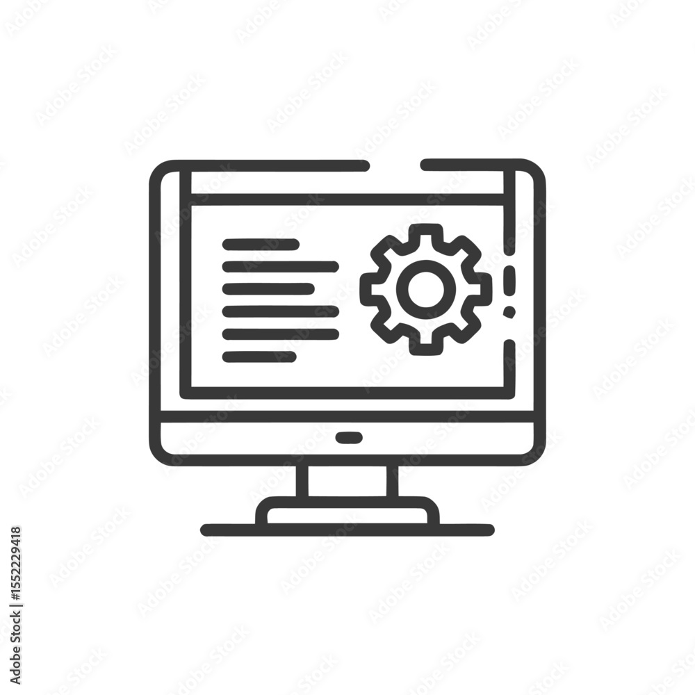 Aufkleber computer configuration icon: gear and code on screen, outline style