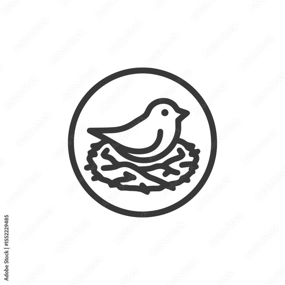 Poster minimalist bird nest icon: simple line art in circle frame