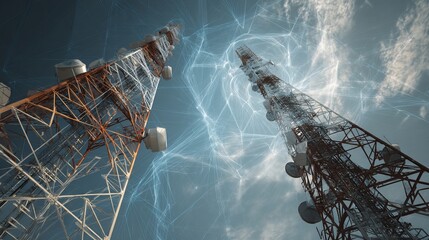 Global Network Communication Towers Wireless Technology Digital Infrastructure Advanced Telecommunications System Modern Cellular Antennae Powerful Broadcast Equipment High Tech   