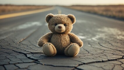 Obraz premium A bear doll on road with vintage tone lighting