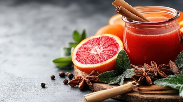 A vibrant display of fresh juice in a jar, surrounded by oranges and spices, evokes the essence of homemade goodness and the joy of culinary creativity.