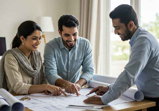 group of young indian professionals discussing architectural plans at table, smiling and engaged in teamwork. collaborative project, modern office. business meeting, corporate presentation