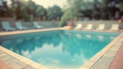 Obraz premium Blurred swimming pool in summer area with empty copy space for text