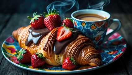 A delicious croissant topped with strawberries and chocolate mousse served with a steaming coffee on a colorful plate