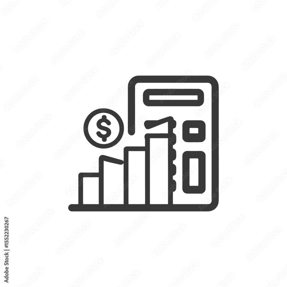 Poster minimalist icon of calculator with rising bar graph and dollar coin