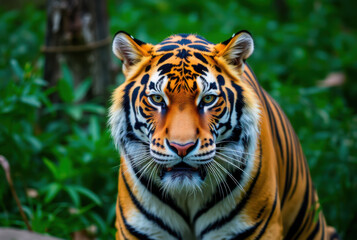 Obraz premium Majestic sumatran tiger staring in lush green jungle