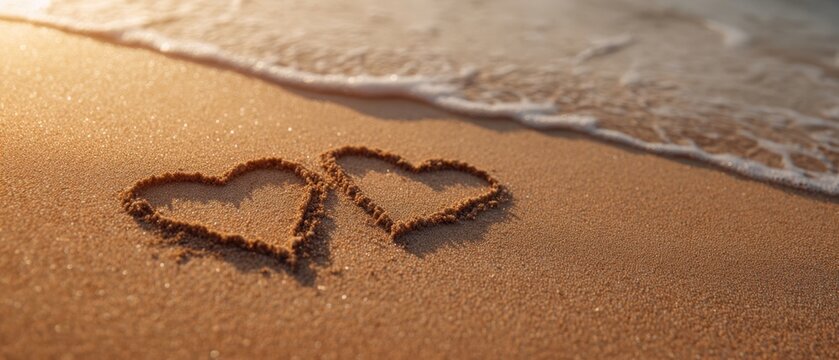 The Heart-Shaped Drawings in Soft Beach Sand Beside Gentle Ocean Waves - Powered by Adobe