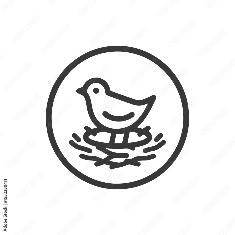 Poster minimalist bird nest icon: circular design with delicate line art