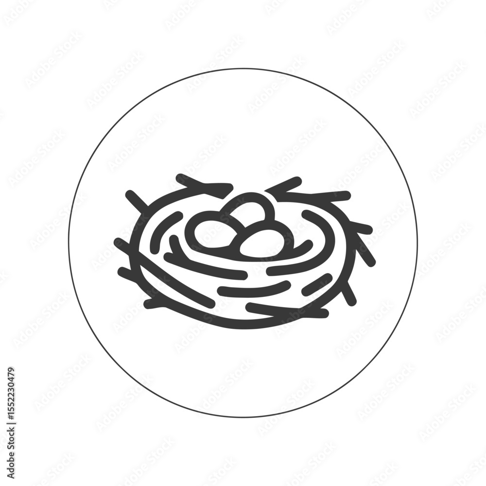 Poster minimalist bird nest icon with three eggs in circle frame, simple design