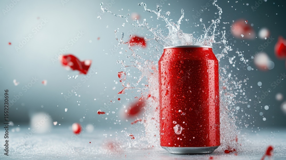 Poster a vibrant red soda can stands upright, splashing water droplets around it, capturing the essence of 
