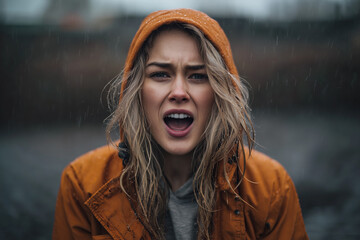 Frustrated young woman with blonde hair in orange raincoat shouting expressively in the rain during a stormy day