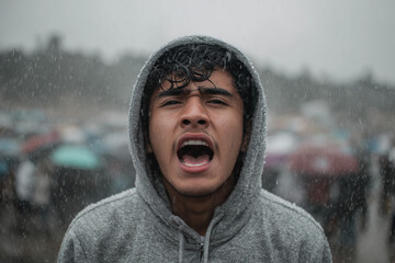 Young man passionately expressing emotions in heavy rain amidst a crowd with umbrellas, showcasing determination and resilience in challenging weather