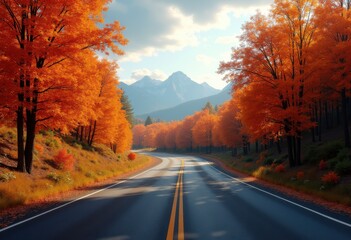 Fototapeta premium winding highway through vibrant fall foliage scenic autumn drive landscape colorful leaves, road, treetops, scenery, valley, curve, woods, path, canyon, vista
