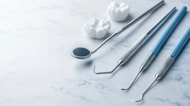 Dental tools arranged on a light surface.