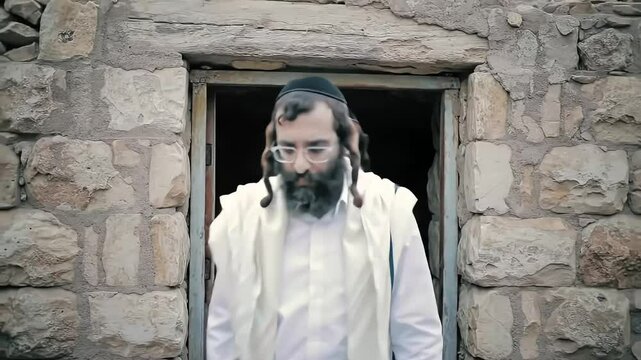 Jew with tallit exiting stone building doorway in religious attire coming outside bunker