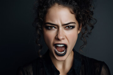 Female with curly dark hair and bold makeup expresses intense emotion against a dark background, showcasing power and strength through her fierce expression