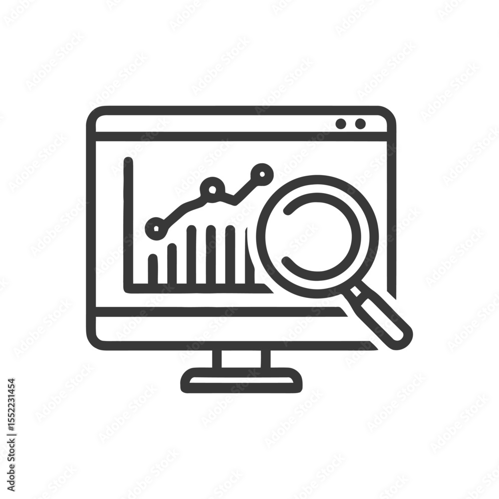 Poster data analysis: computer screen displaying graph with magnifying glass icon