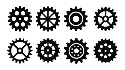 Versatile Black Vector Silhouette Icon Set of Gears for Engineering Diagrams, Industrial Artwork, and Tech Design Concepts