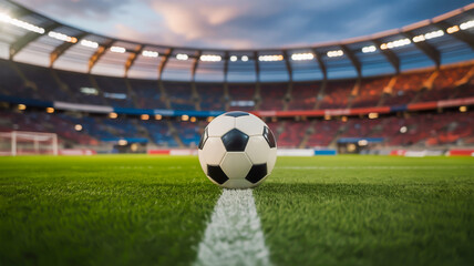 A professional sports photograph of a soccer ball positioned on the center white line of a grass soccer field in a large stadium