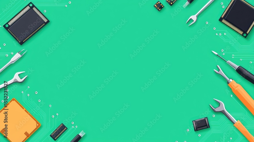 Poster tools and electronic components arranged on a green background with circuit patterns for technology 