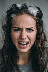 Frustrated young woman with curly hair and shampoo bubbles expressing anger during bathroom time