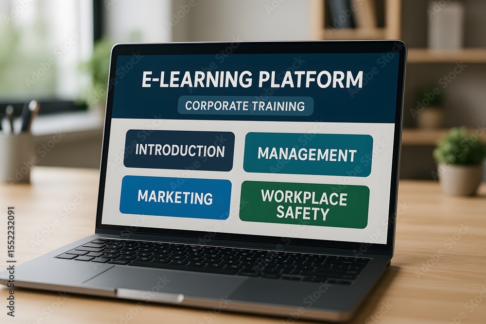 Aufkleber an open laptop displays a comprehensive e-learning platform interface. the image showcases the digit