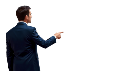 Photo of man standing with his back to the camera, pointing with his hand isolated on transparent background