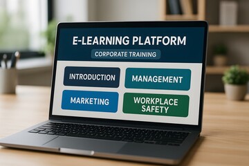 An open laptop displays a comprehensive e-learning platform interface. The image showcases the digital learning environment for corporate training.