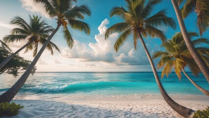 Tropical beach with palm trees, white sand, and turquoise water with empty space for text.
