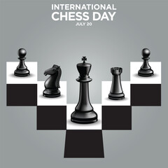 Internationa Chess Day 20 july  . black chess Piecess With King Rook Bishop Chess Board & Pawn.eps strategic, decision, leader, win, tower, object, isolated, design, checkmate, leadership, wooden, gra