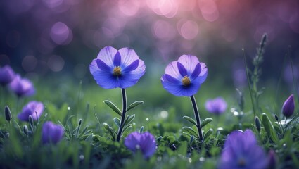 Close Up Of Two Purple Flowers Growing On A Rich Juicy Green Meadow, Bokeh Background, Still Life, Beautiful Amazing Fantastic Peaceful Shining Colourful Strong Nature. With Empty Copy Space For Text