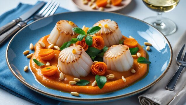 Scallops with carrot puree, sauce, fesalis, and pine nuts on a blue plate with a napkin, cutlery, and a glass of white wine, high-quality photo, with empty space for text