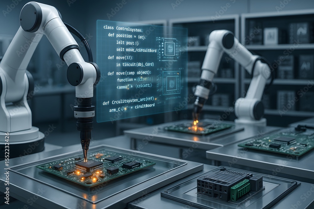 Poster a futuristic robotic arm meticulously works on circuit boards in a high-tech laboratory, reflecting 