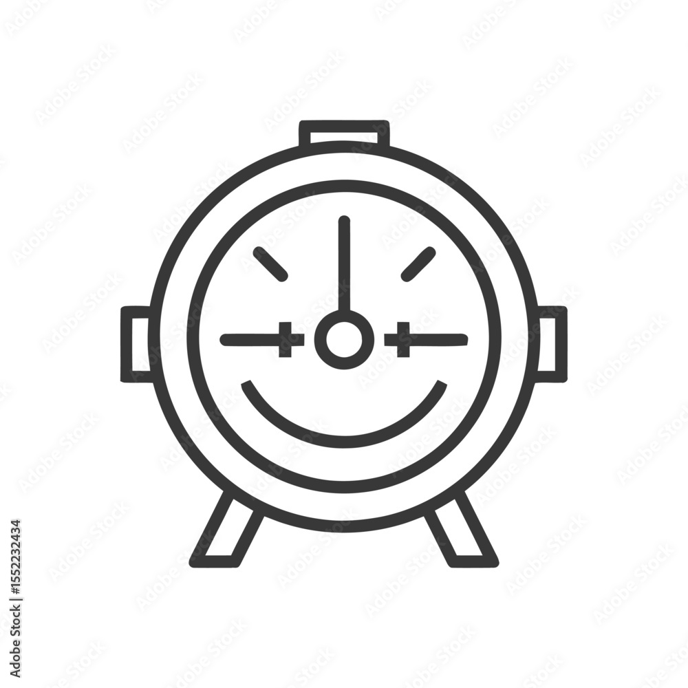 Poster minimalist alarm clock icon with smiling face and linear design