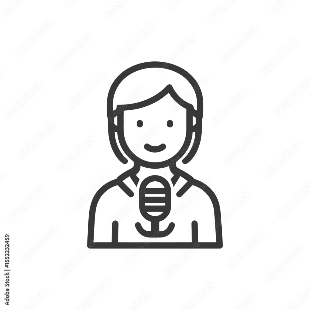 Poster podcast host icon: minimalist line art of interviewer with microphone