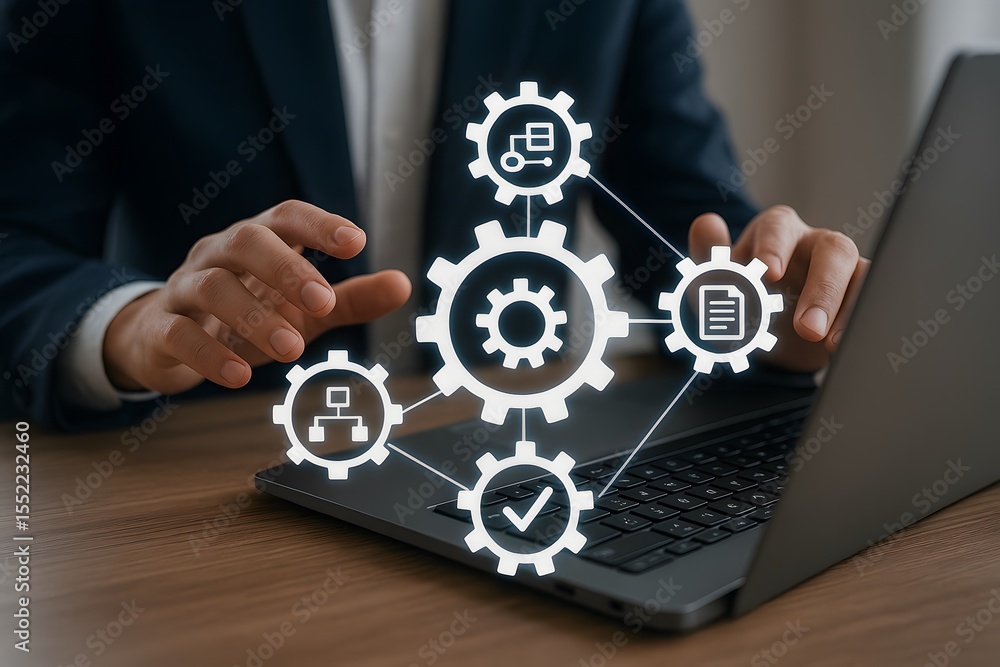 Poster businessman working on laptop with gears and network icons, symbolizing workflow optimization and di