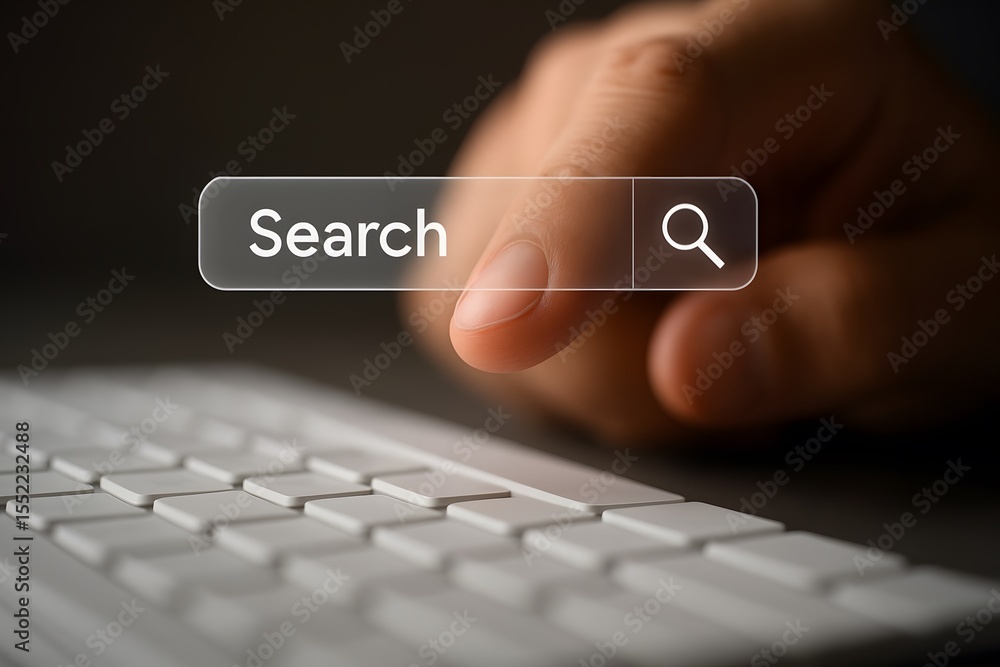 Poster the image captures the moment a finger hovers over the 'search' button on a keyboard, a subtle yet p